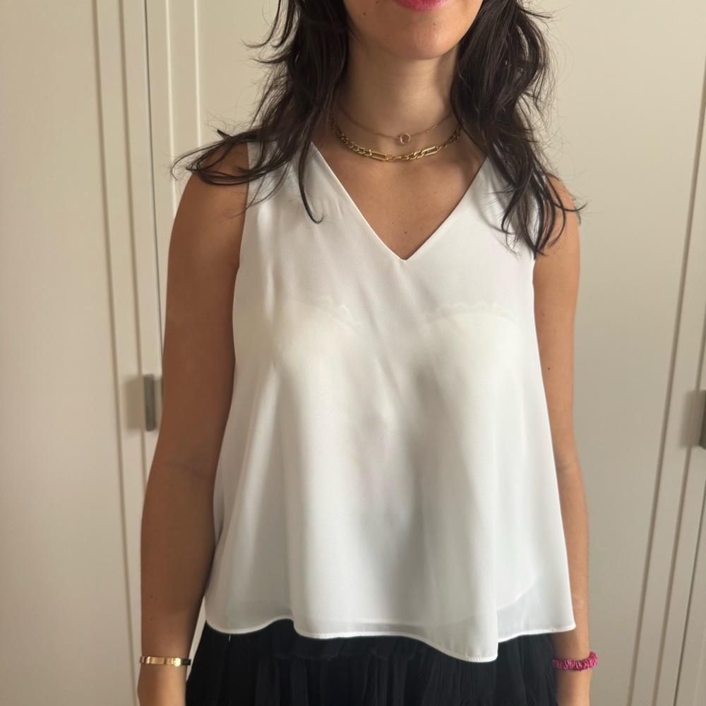 Aqua white silk sleeveless tank top with lace in back
